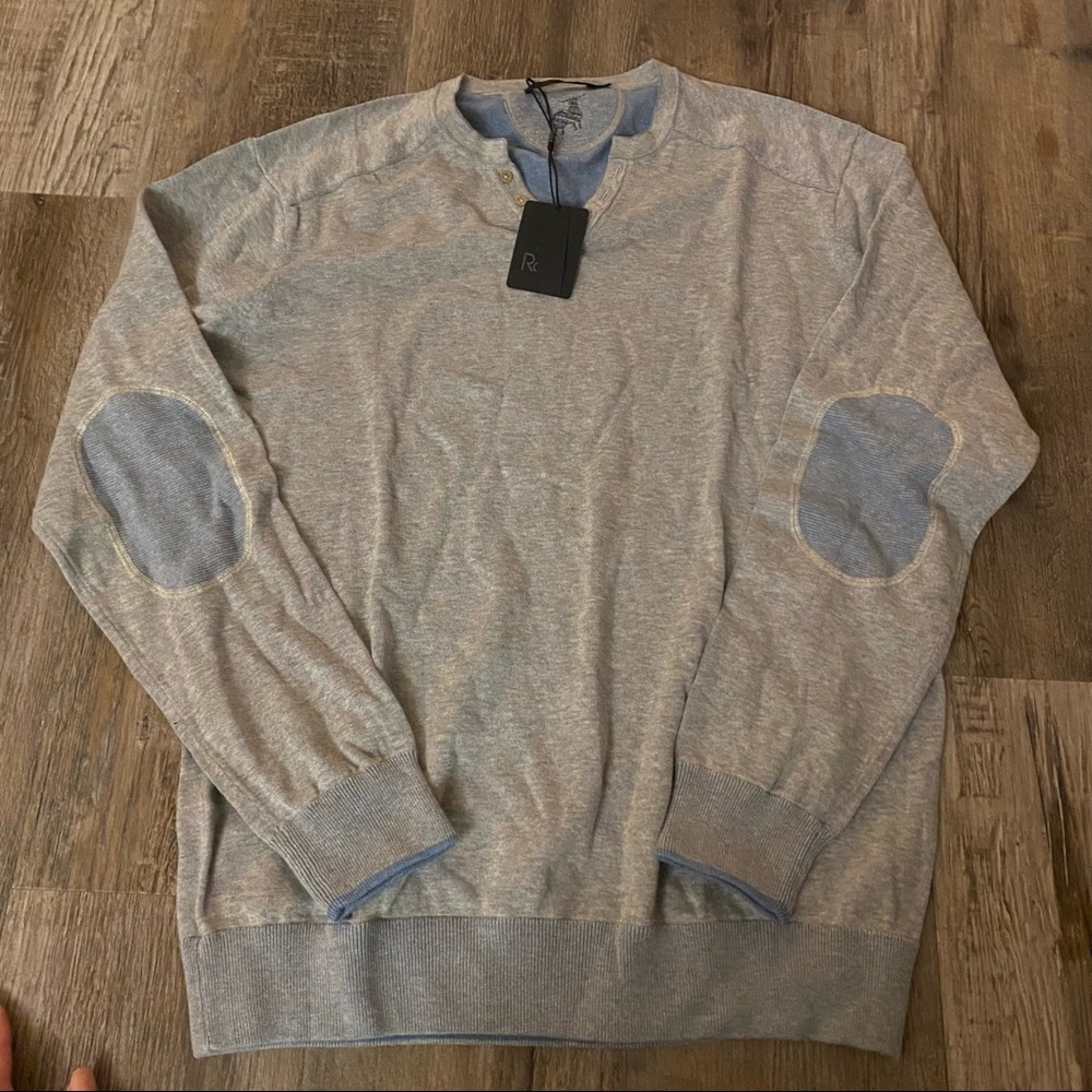 NWT Raffi Light Grey V-neck Henley Sky Blue Elbow Patches Button Sweater
